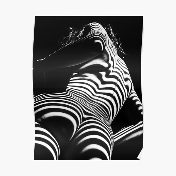 Woman Nude Zebra Striped Light Curves around Back Butt Behind Naked Art Poster
