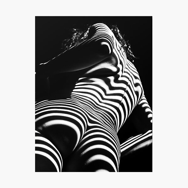 Woman Nude Zebra Striped Light Curves around Back Butt Behind Naked Art Photographic Print