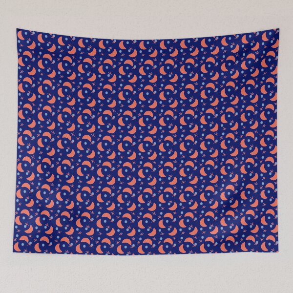 Item preview, Fondo azul oscuro con patrón de luna creciente moderno naranja y azul pálido de mediados de siglo designed and sold by LavenderMint.