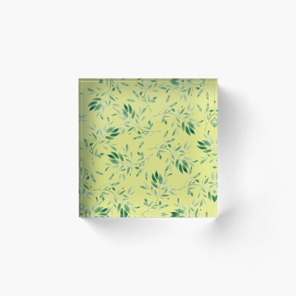 Watercolor leaves green on yellow - pattern Acrylic Block