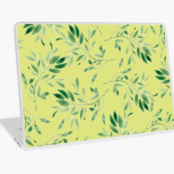 Watercolor leaves green on yellow - pattern Laptop Skin