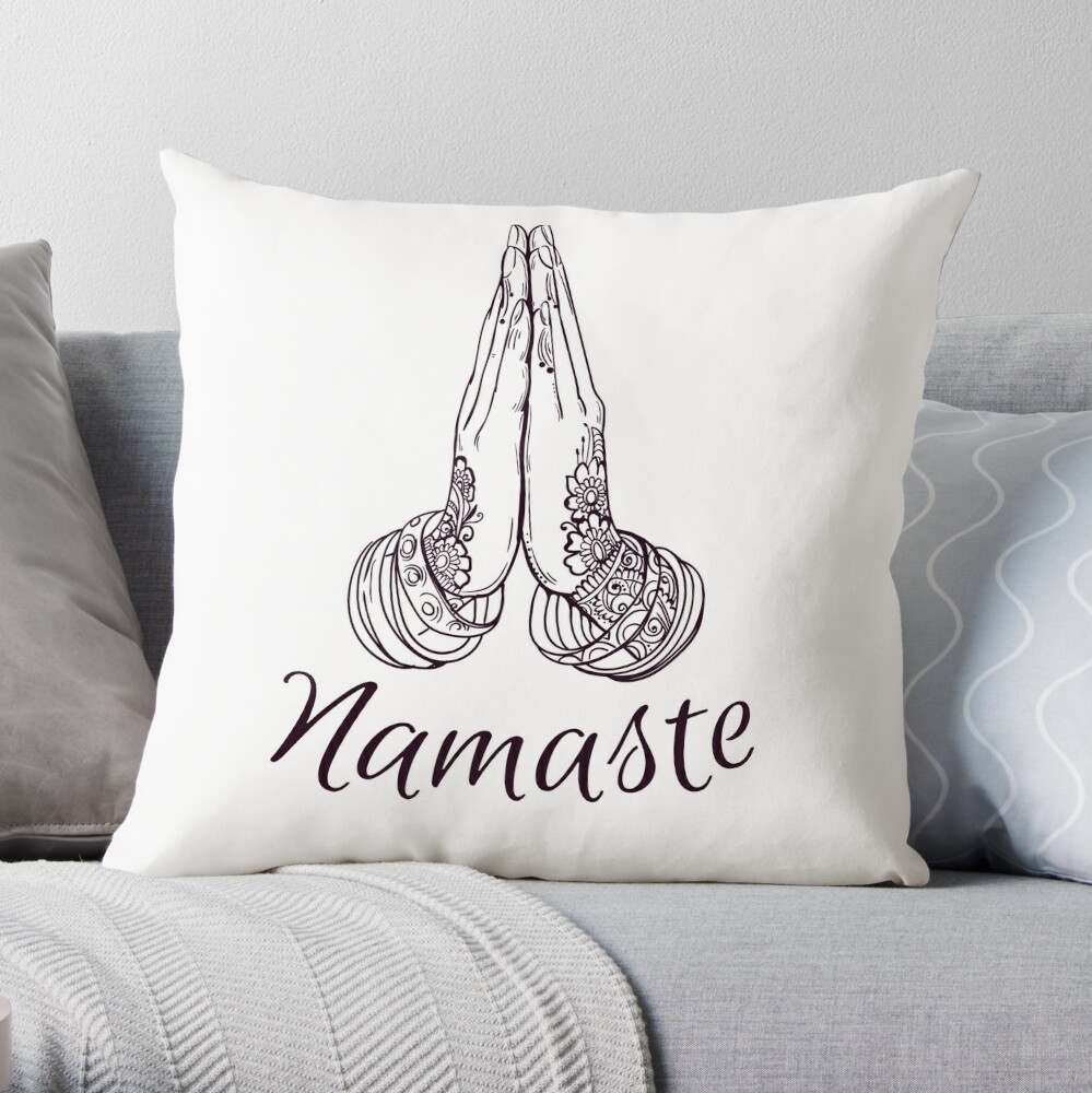 Namaste Yoga Symbol Black and White Hands Throw Pillow for Sale