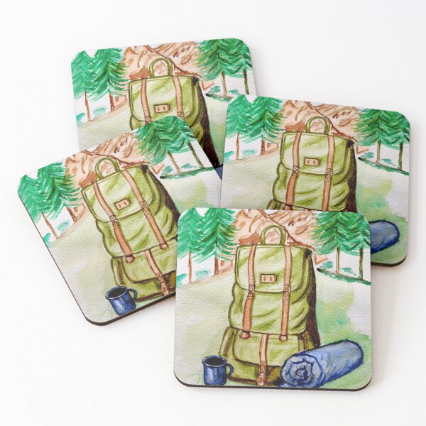 Artikelvorschau, Camping-Abenteuer, Rucksack in Aquarell, Rucksackliebhaber, Natur und Rucksackmuster entworfen und verkauft von Ala Lopatniov.