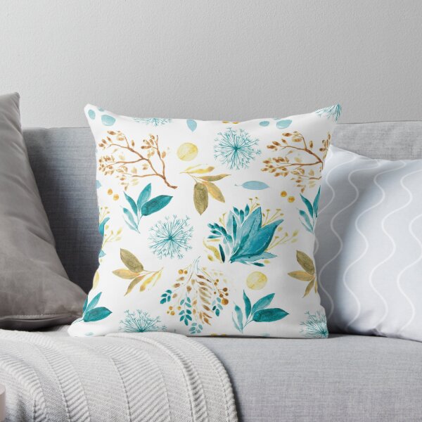 Watercolor plants blue and brown - pattern Throw Pillow