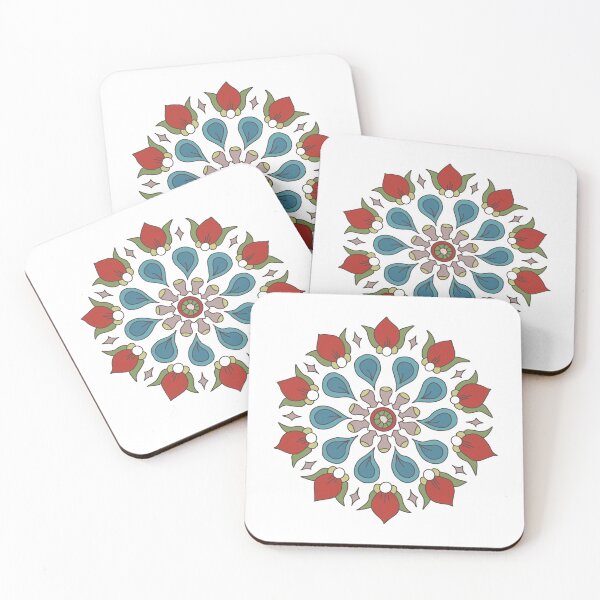 Item preview, Geometric pattern of red-blue rosette flowers on pink circles designed and sold by colorofmagic.
