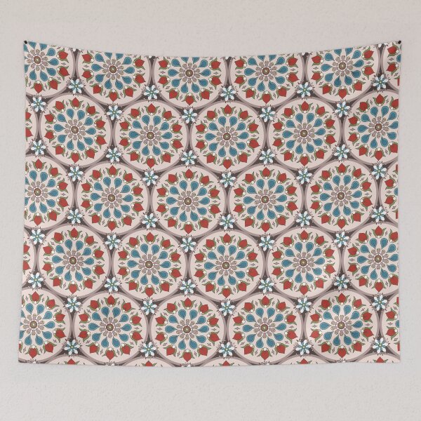 Item preview, Geometric pattern of red-blue rosette flowers on pink circles designed and sold by colorofmagic.