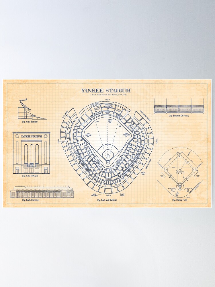 NY Yankees - Vintage Yankee Stadium Blueprint Baseball Art Print