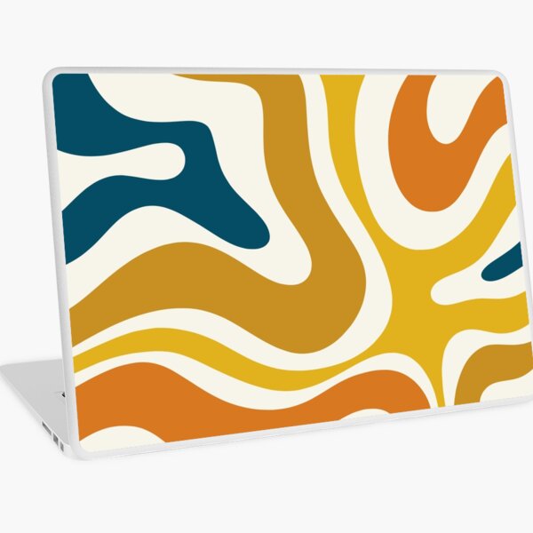 Retro Modern Liquid Swirl Abstract Pattern Square in Mustard, Orange, Ochre, Blue, and Cream Laptop Skin