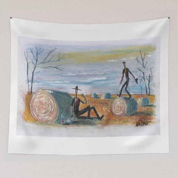 Item preview, Aussie outback artwork showing farm workers in sorghum field designed and sold by Al Benge - NZ & Australian Art.