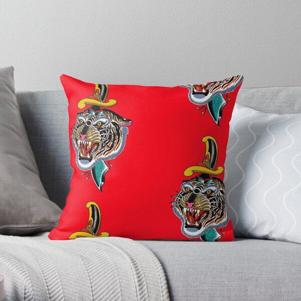 Traditional Tattoo Tiger Dagger Throw Pillow