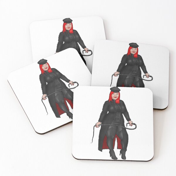 Item preview, Pin-up red-haired BBW dominatrix in catsuit and coat designed and sold by PinUpsandPulp.