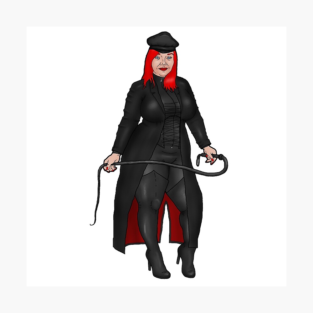 Pin-up red-haired BBW dominatrix in catsuit and coat