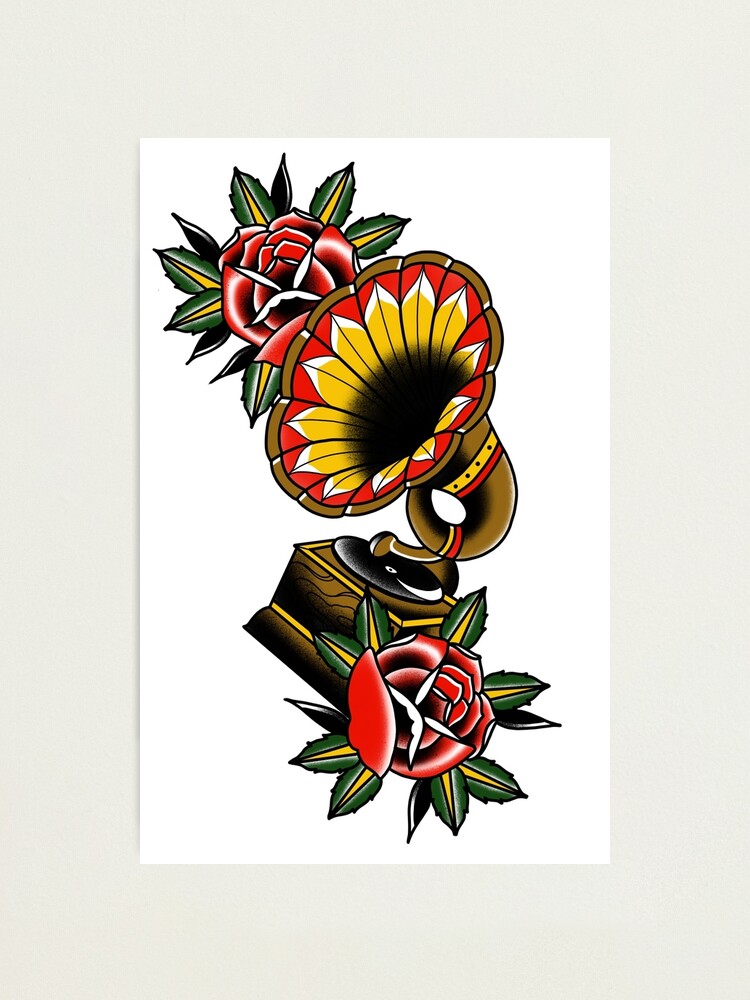Traditional Old School Gramophone Tattoo