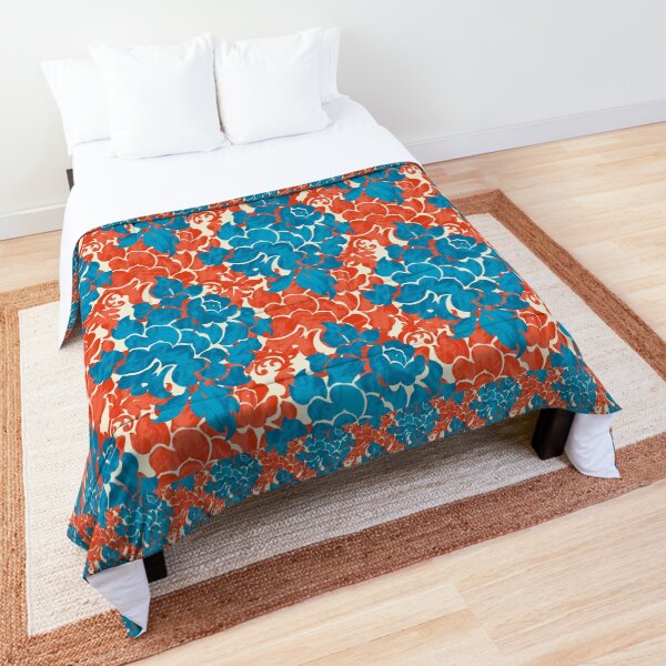 Coral and Teal Brush Damask Comforter