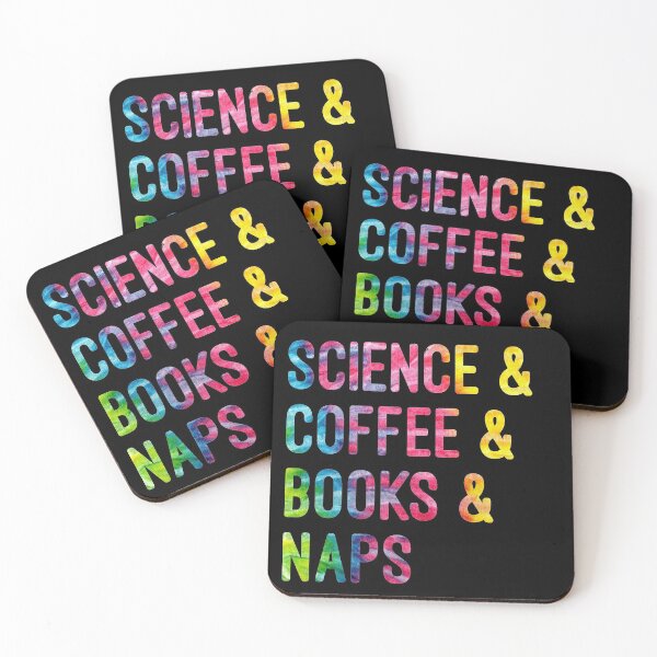 Item preview, Coffee and science and books and naps tie dye on black background designed and sold by UncleStuScience.