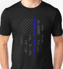 Thin Blue Line Police American Flag Distressed Skull Unisex T-Shirt