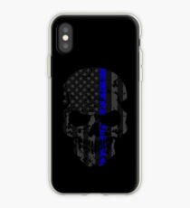 Thin Blue Line Police American Flag Distressed Skull iPhone Case