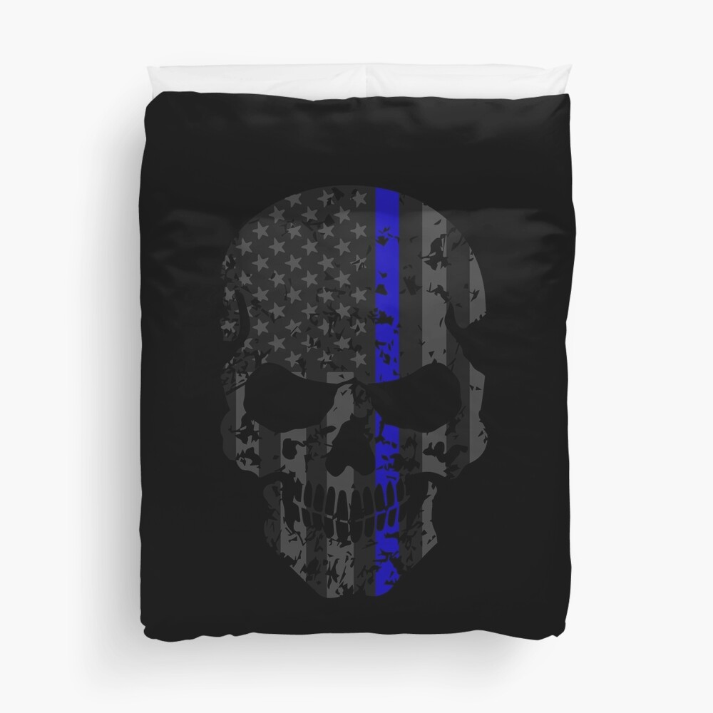 Discover Thin Blue Line Police American  Skull Duvet Cover