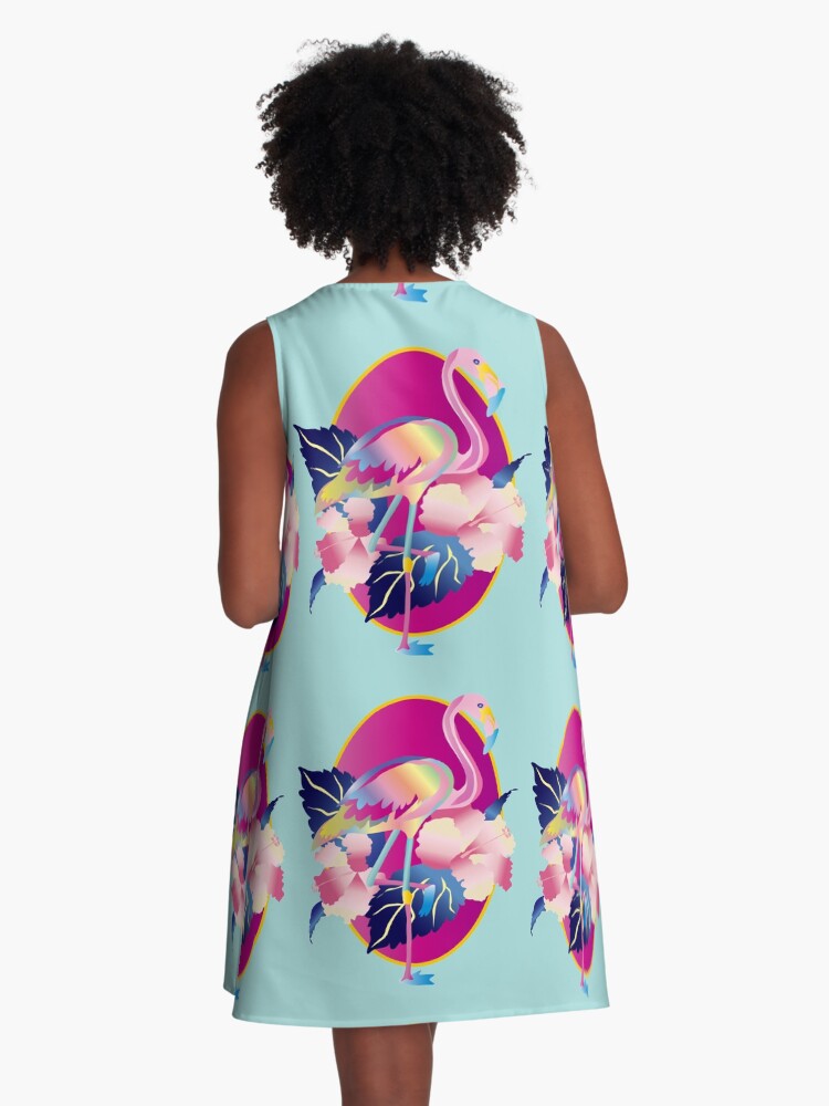 Thumbnail 3 of 4, A-Line Dress, Pretty Pink Flamingo Tropical Hibiscus Flowers designed and sold by beverlyclaire.