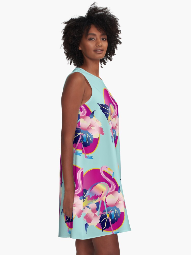 Thumbnail 2 of 4, A-Line Dress, Pretty Pink Flamingo Tropical Hibiscus Flowers designed and sold by beverlyclaire.
