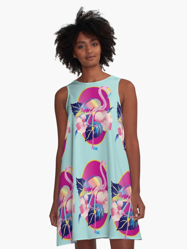 Thumbnail 1 of 4, A-Line Dress, Pretty Pink Flamingo Tropical Hibiscus Flowers designed and sold by beverlyclaire.