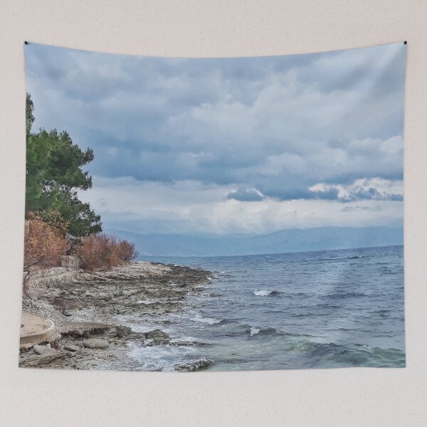 Item preview, Sea beach with waves, cloudy sky, trees. Sea landscape designed and sold by TJprint.