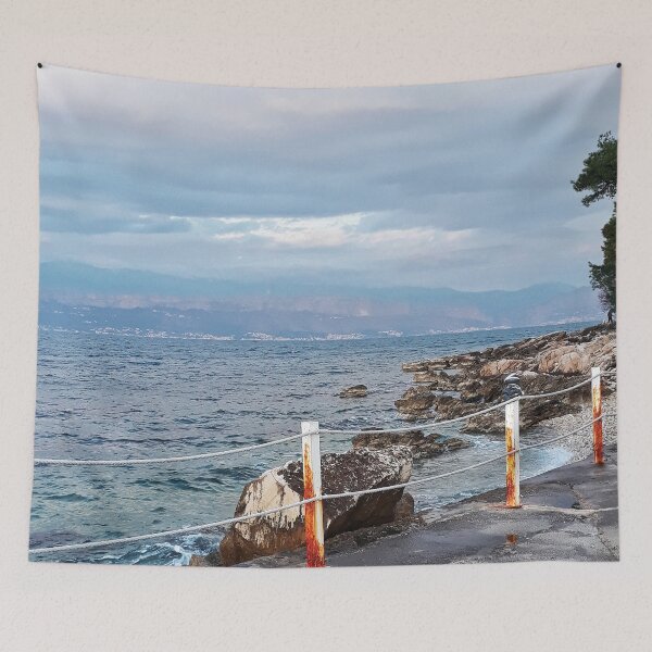 Item preview, Sea beach with waves, cloudy sky, trees and rocks. Sea landscape designed and sold by TJprint.