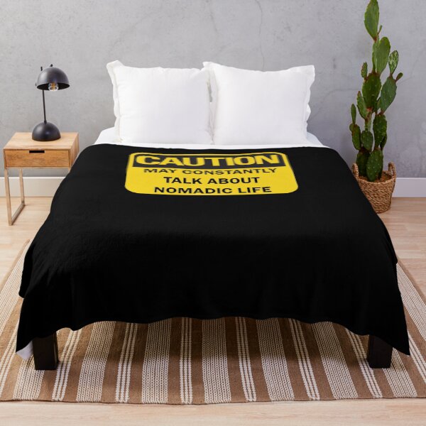 Item preview, Caution: may constantly talk about nomadic life funny nomad saying with yellow and black typography. (Dark mode) designed and sold by Deegital18.