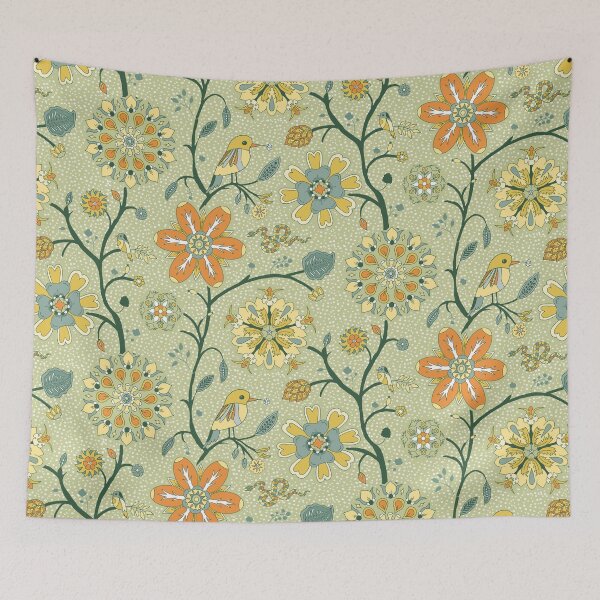 Item preview, Pattern of Indian floral rosettes with birds on green designed and sold by colorofmagic.