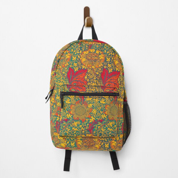 Item preview, GOLD YELLOW FLOWERS AND RED LEAVES IN TEAL BLUE Kennet William Morris Floral Pattern designed and sold by BulganLumini.