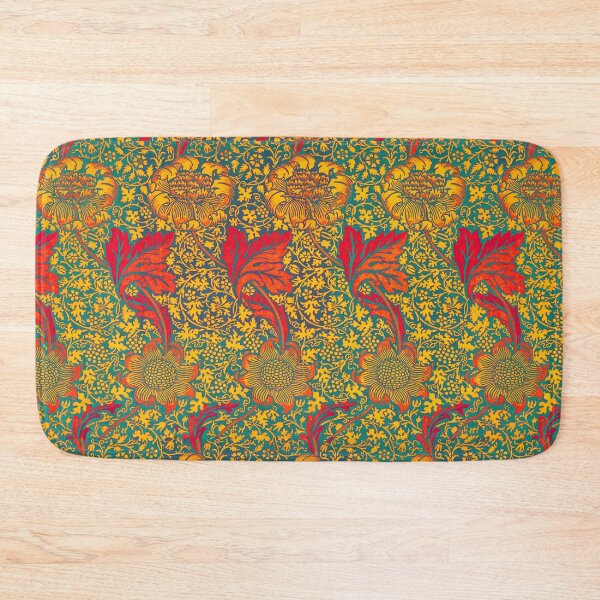 Item preview, GOLD YELLOW FLOWERS AND RED LEAVES IN TEAL BLUE Kennet William Morris Floral Pattern designed and sold by BulganLumini.