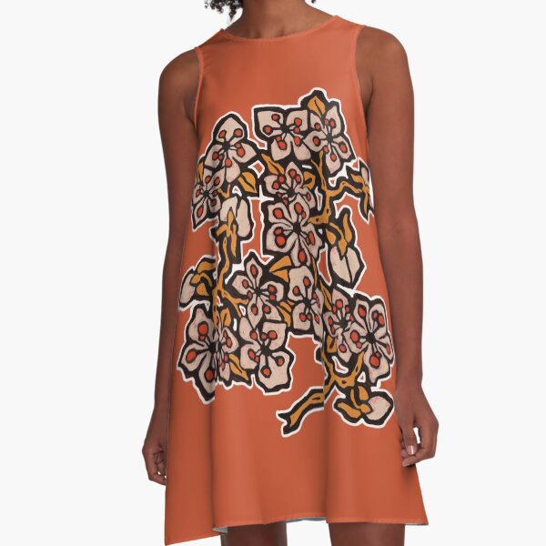 Golden Blossom on Burnt Orange A-Line Dress