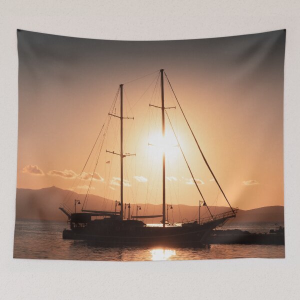 Item preview, Backlit Yacht at Sunset on the Port of Naxos, Cyclades, Greece designed and sold by JarbasVisuals.