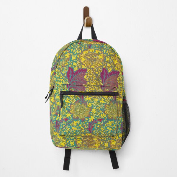 Item preview, GOLD YELLOW FLOWERS AND RED LEAVES IN AQUA BLUE Kennet William Morris Floral Pattern designed and sold by BulganLumini.