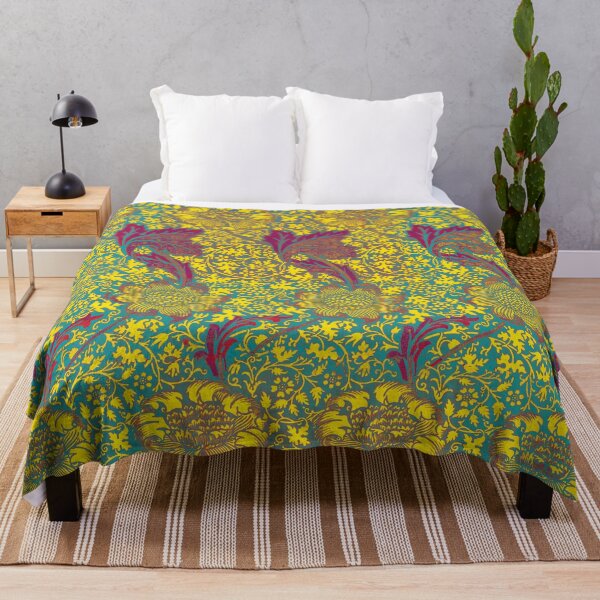 Item preview, GOLD YELLOW FLOWERS AND RED LEAVES IN AQUA BLUE Kennet William Morris Floral Pattern designed and sold by BulganLumini.