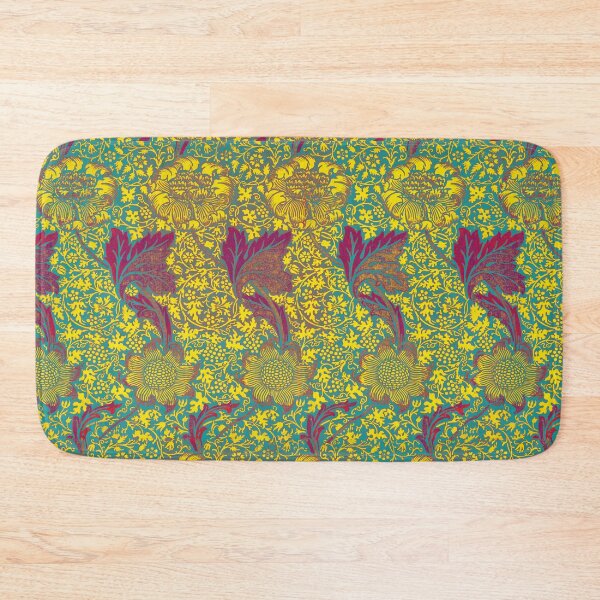 Item preview, GOLD YELLOW FLOWERS AND RED LEAVES IN AQUA BLUE Kennet William Morris Floral Pattern designed and sold by BulganLumini.