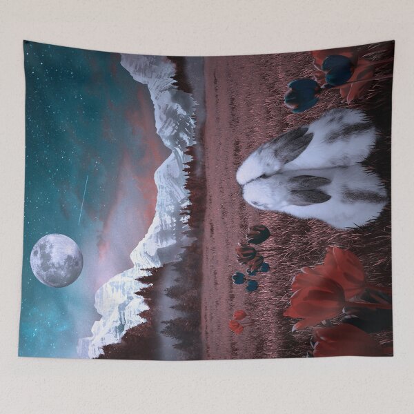 Item preview, Bunnies full moon night turquoise pink designed and sold by Susanne Margarete Lutz.
