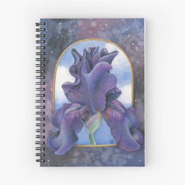 Artikelvorschau, Dunkle lila Iris unter einem blauen Himmel mit einer Galaxiengrenze, Tag & Nacht - "Mitternachtsiris" entworfen und verkauft von Carye VanDerPol Mahoney.