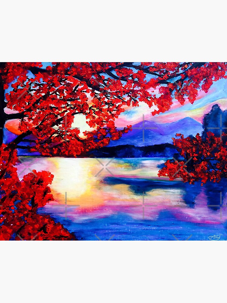 Sunset Over Lake Oil Pastel Painting Original Art Boat Painting Colorful  Landscape Lake House Decor Wall Art 