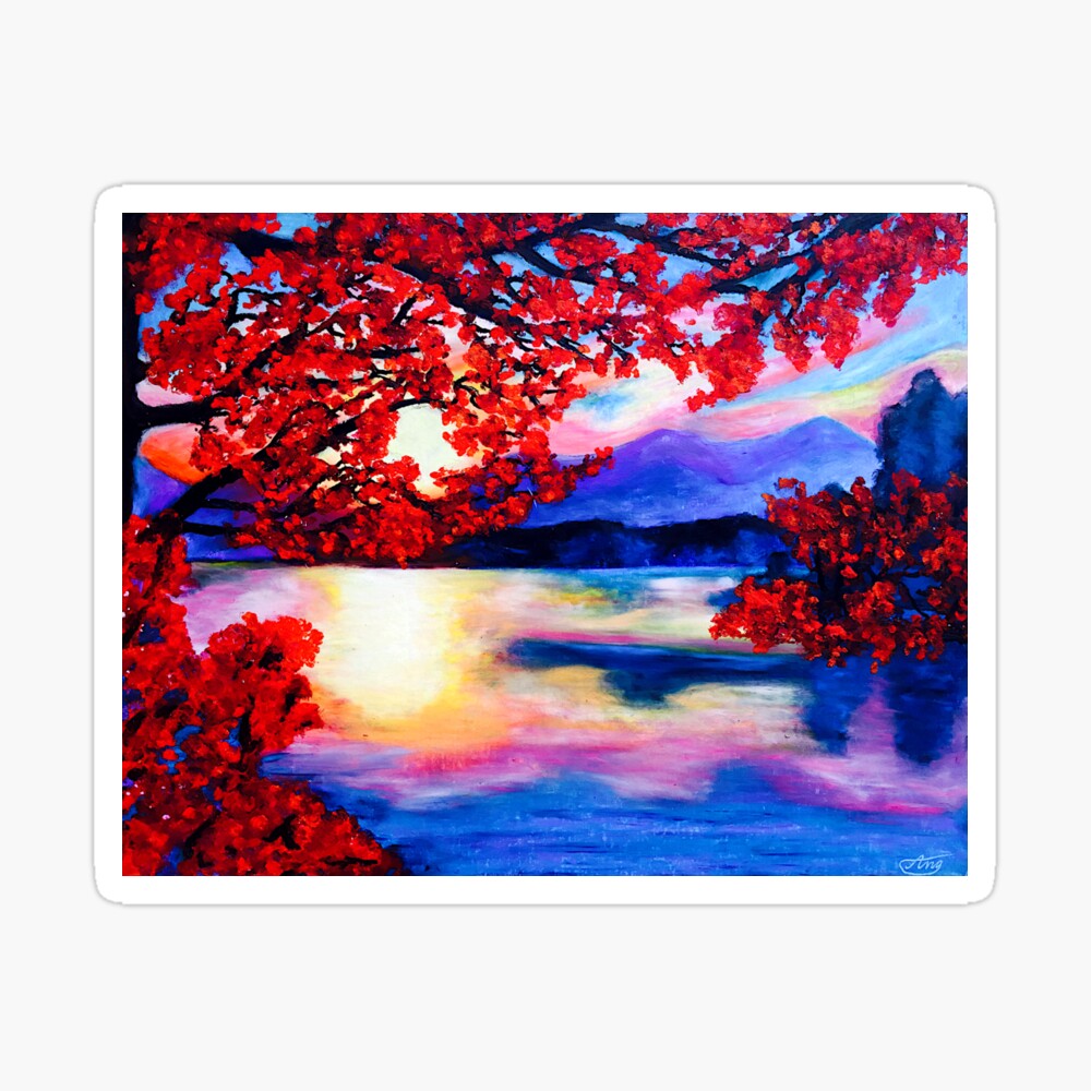 Cherry blossom trees by the lake and mountain, purple sunset | Oil Pastel