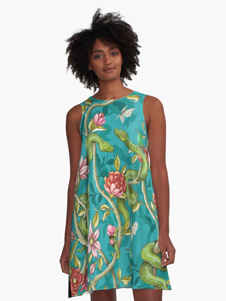 Thumbnail 1 of 4, A-Line Dress, Morning Song - turquoise designed and sold by celandinestern.