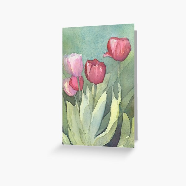 Pink Triple Coral Tulip Card Watercolor Art Rhonda Koch Artist Valentine/'s Day Cards