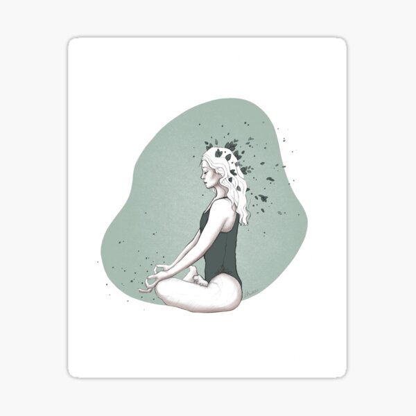 Yoga Girl surrounded by leaves - Green Pencil Line Art Asana Sketch - Drawing by MadliArt Sticker