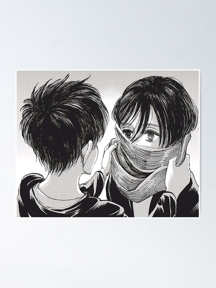 Young Eren And Mikasa With Scarf Attack On Titan Manga Poster By Animesky Redbubble