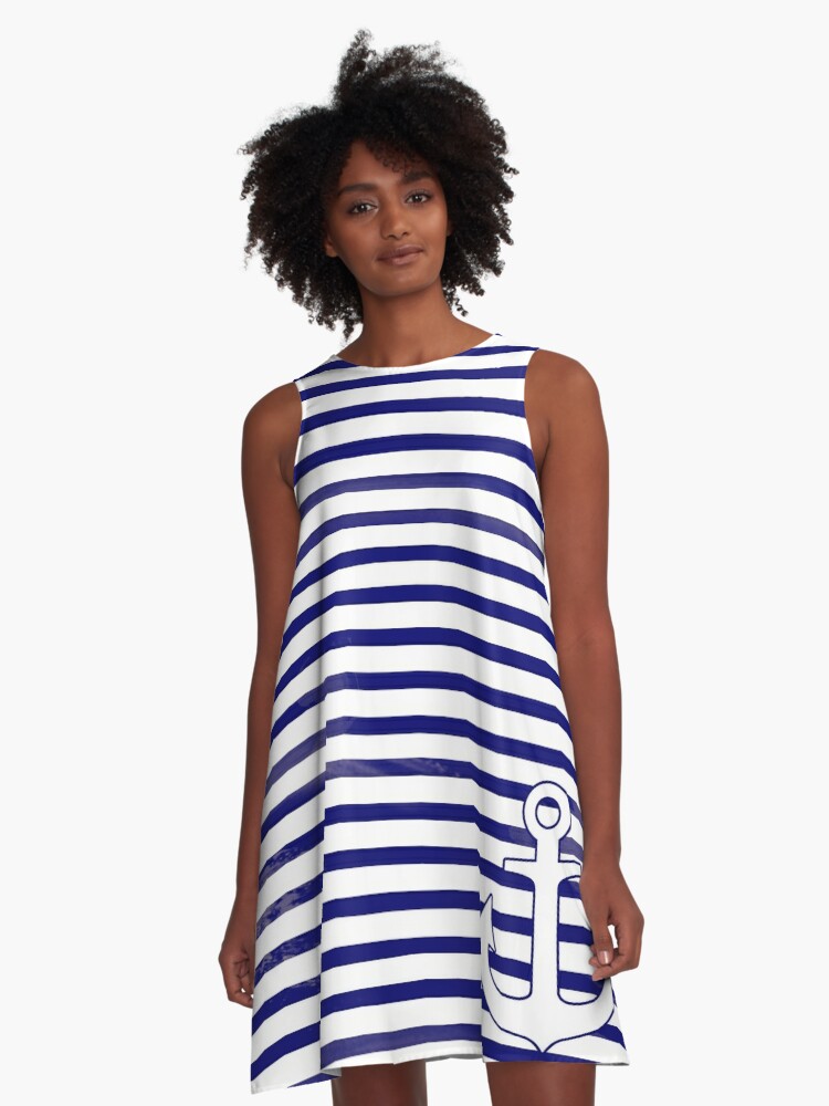 Nautical red and white stripes with a navy blue anchor A-Line