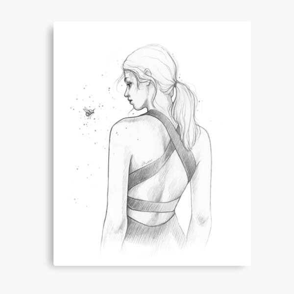 Girl and her Bumblebee - Bee, Bug, Woman, Friends - Monochrome Line Art Pencil Illustration by MadliArt Metal Print