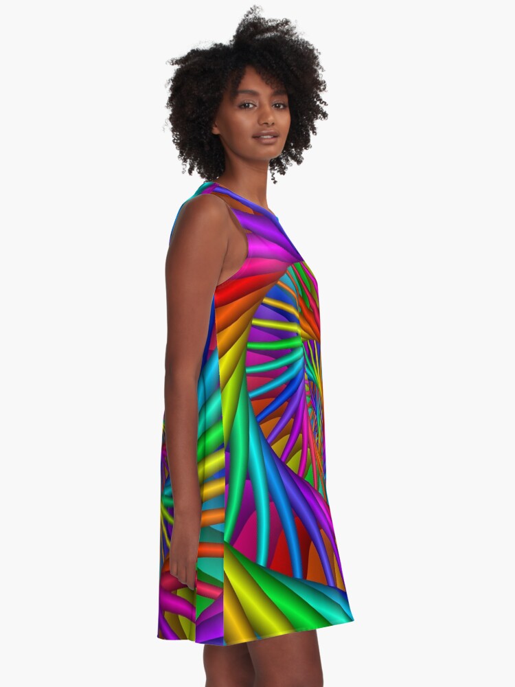 Alternate view of Rainbow Psychedelic Spiral Fractal A-Line Dress