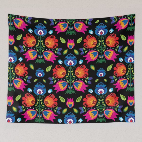Item preview, Pink, red and blue Folk Pattern from Lowicz on black designed and sold by FK-UK.