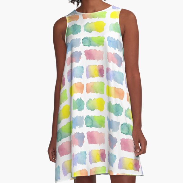 Hand-Painted Watercolor Colorful Gradation Rainbow Labels A-Line Dress