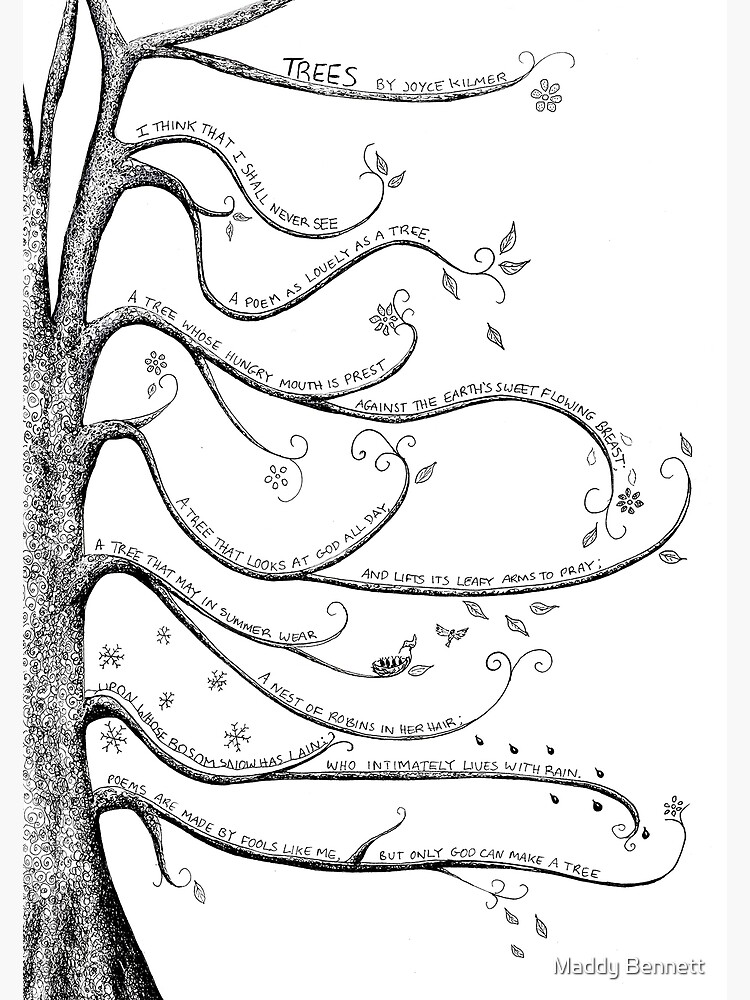 "Illustrated Poem Trees by Joyce Kilmer in Black and White" Poster by